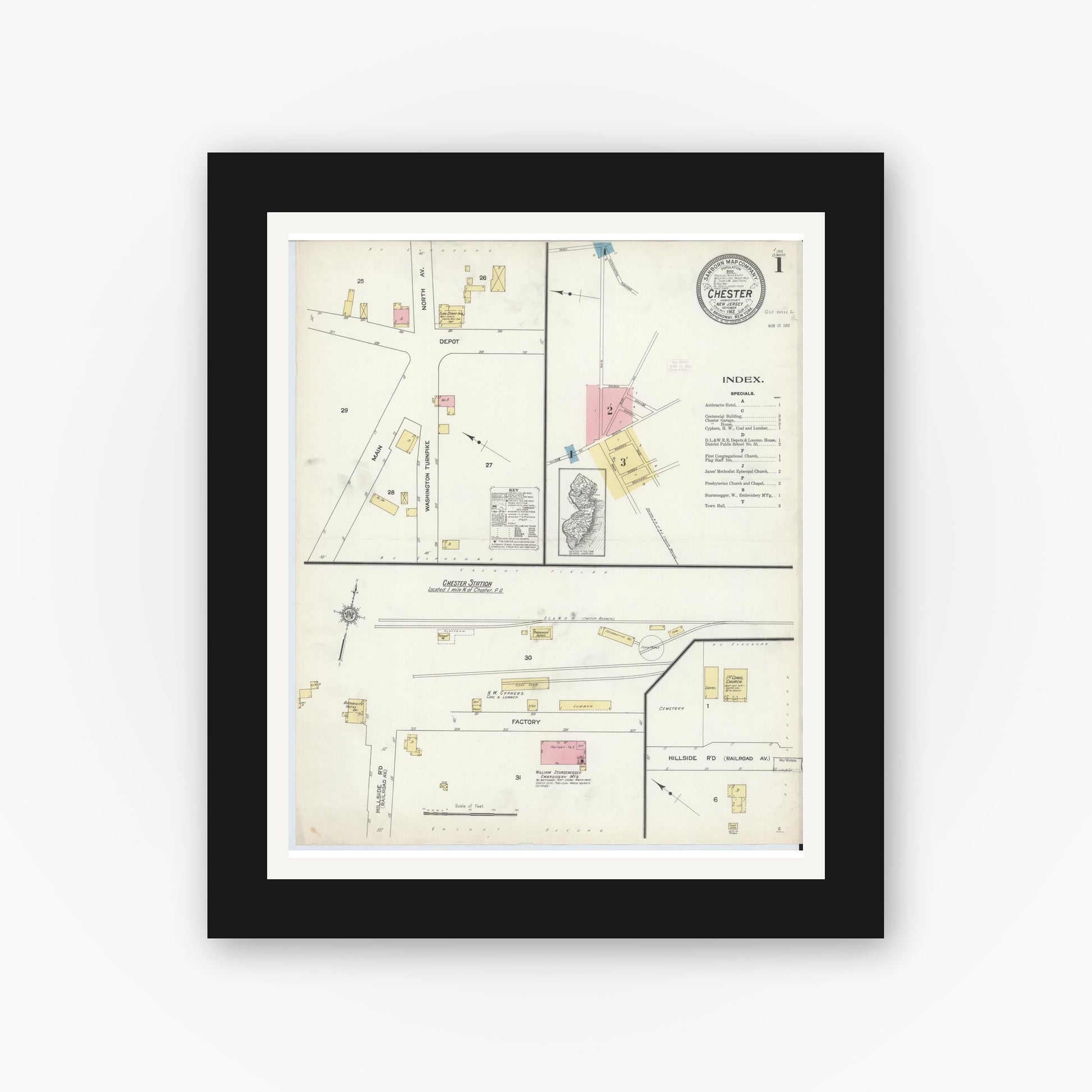 Old map wall art mockup — black gallery frame with white mat — Sanborn Fire Insurance Map from Chester, Morris County, New Jersey (1912), Sheet #0001
