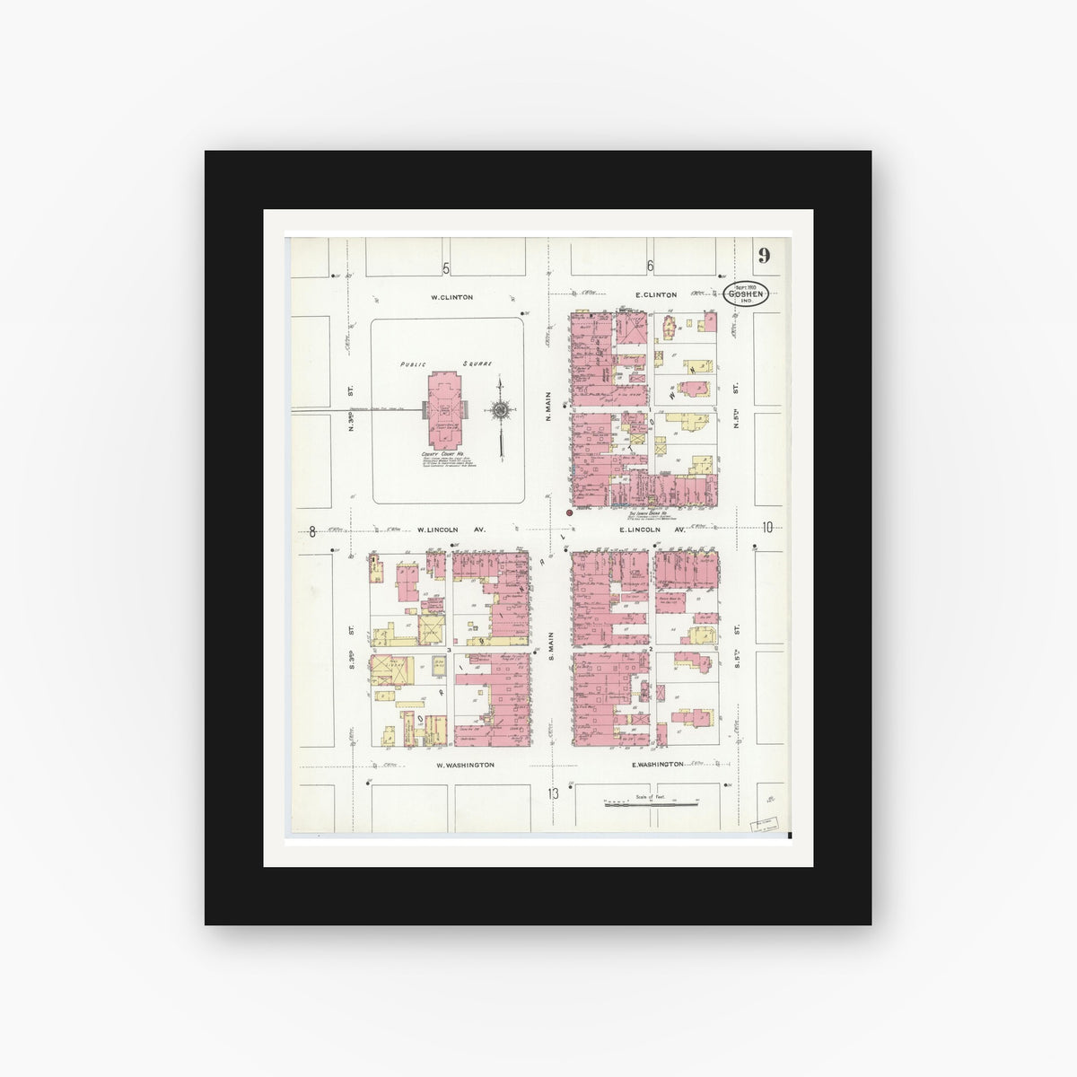 Old map wall art mockup — black gallery frame with white mat — Sanborn Fire Insurance Map from Goshen, Elkhart County, Indiana (1910), Sheet #0009