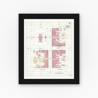 Old map wall art mockup — black gallery frame with white mat — Sanborn Fire Insurance Map from Goshen, Elkhart County, Indiana (1910), Sheet #0009