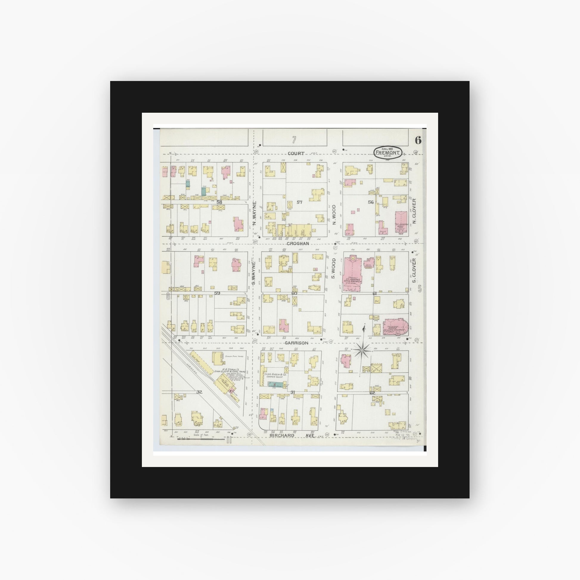 Old map wall art mockup — black gallery frame with white mat — Sanborn Fire Insurance Map from Fremont, Sandusky County, Ohio (1893), Sheet #0006
