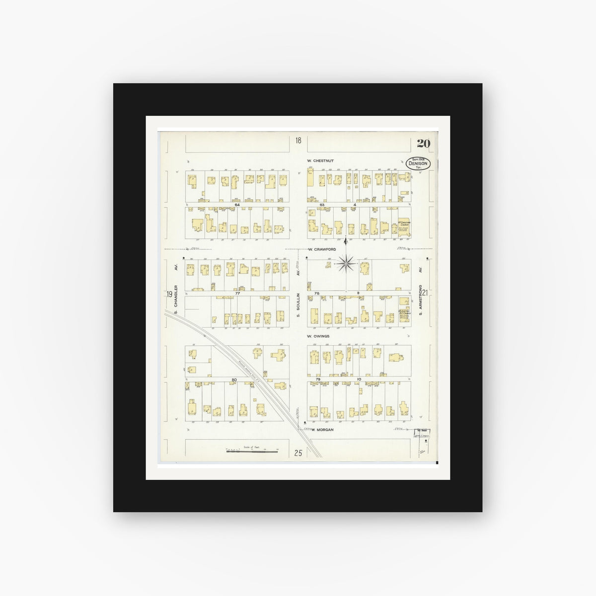 Old map wall art mockup — black gallery frame with white mat — Sanborn Fire Insurance Map from Denison, Grayson County, Texas (1908), Sheet #0020