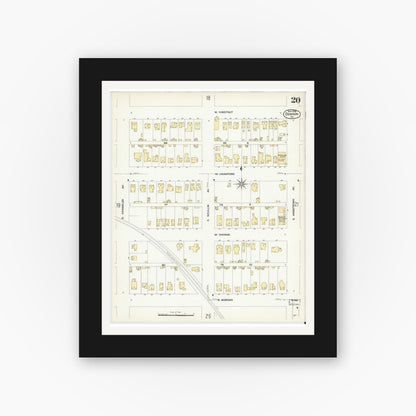 Old map wall art mockup — black gallery frame with white mat — Sanborn Fire Insurance Map from Denison, Grayson County, Texas (1908), Sheet #0020