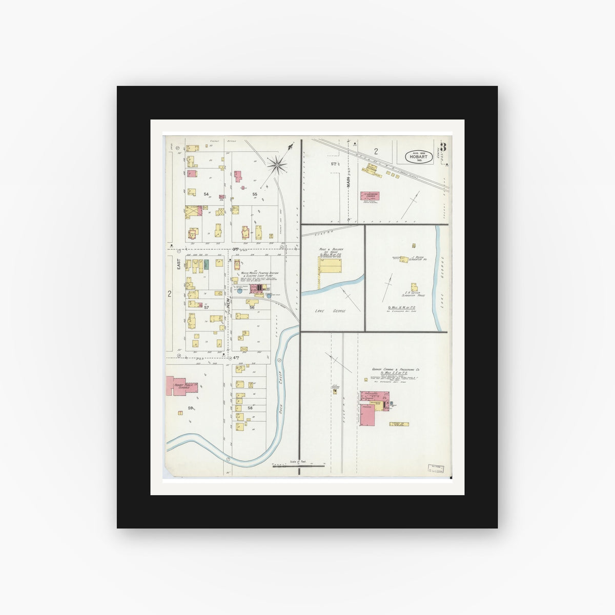 Old map wall art mockup — black gallery frame with white mat — Sanborn Fire Insurance Map from Hobart, Lake County, Indiana (1902), Sheet #0003