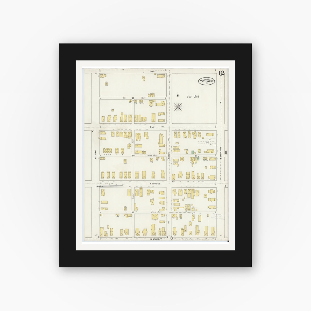 Old map wall art mockup — black gallery frame with white mat — Sanborn Fire Insurance Map from Titusville, Crawford County, Pennsylvania (1898), Sheet #0012