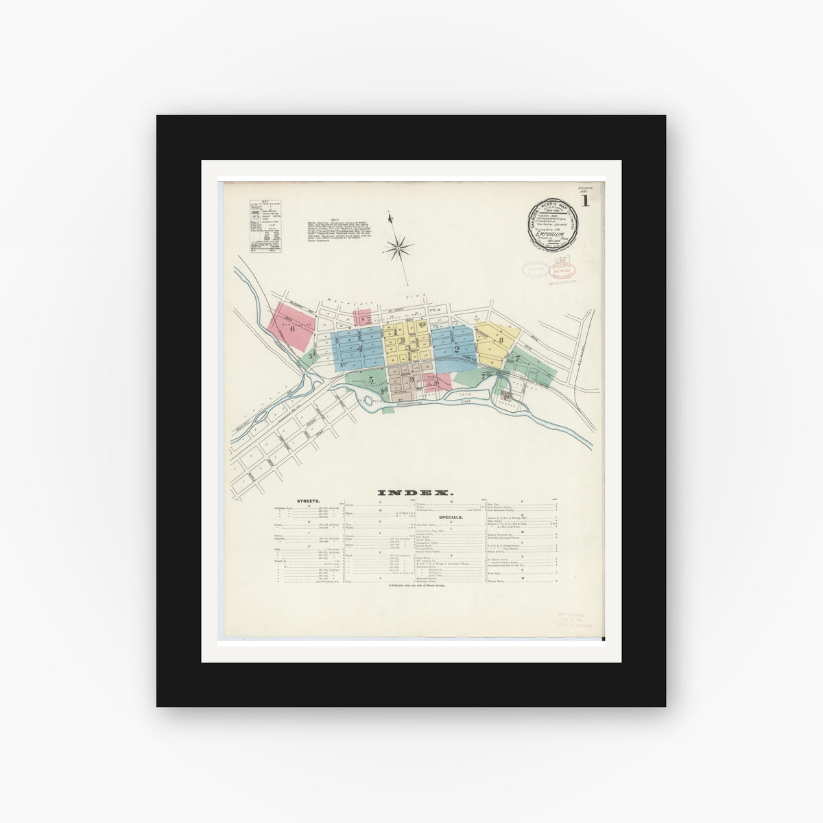 Old map wall art mockup — black gallery frame with white mat — Sanborn Fire Insurance Map from Emporium, Cameron County, Pennsylvania (1897), Sheet #0001