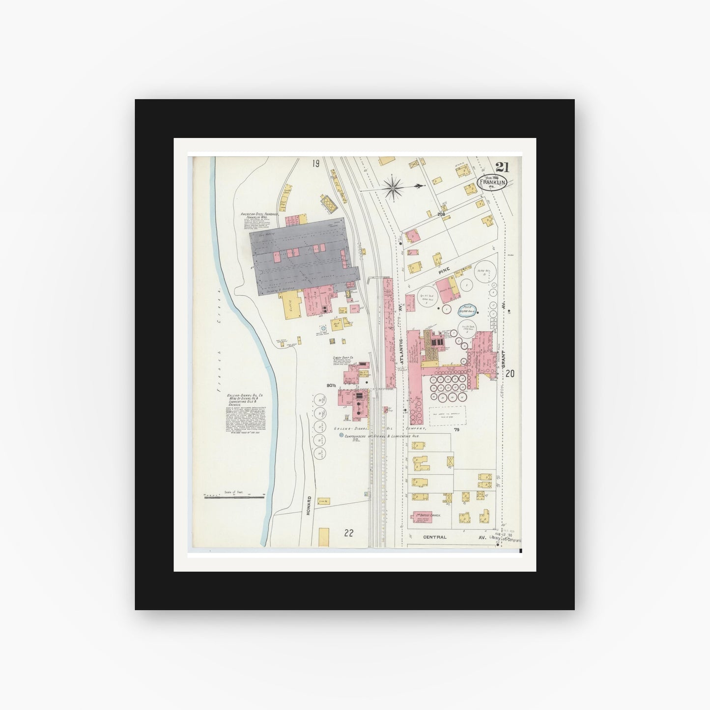 Old map wall art mockup — black gallery frame with white mat — Sanborn Fire Insurance Map from Franklin, Venango County, Pennsylvania (1906), Sheet #0021