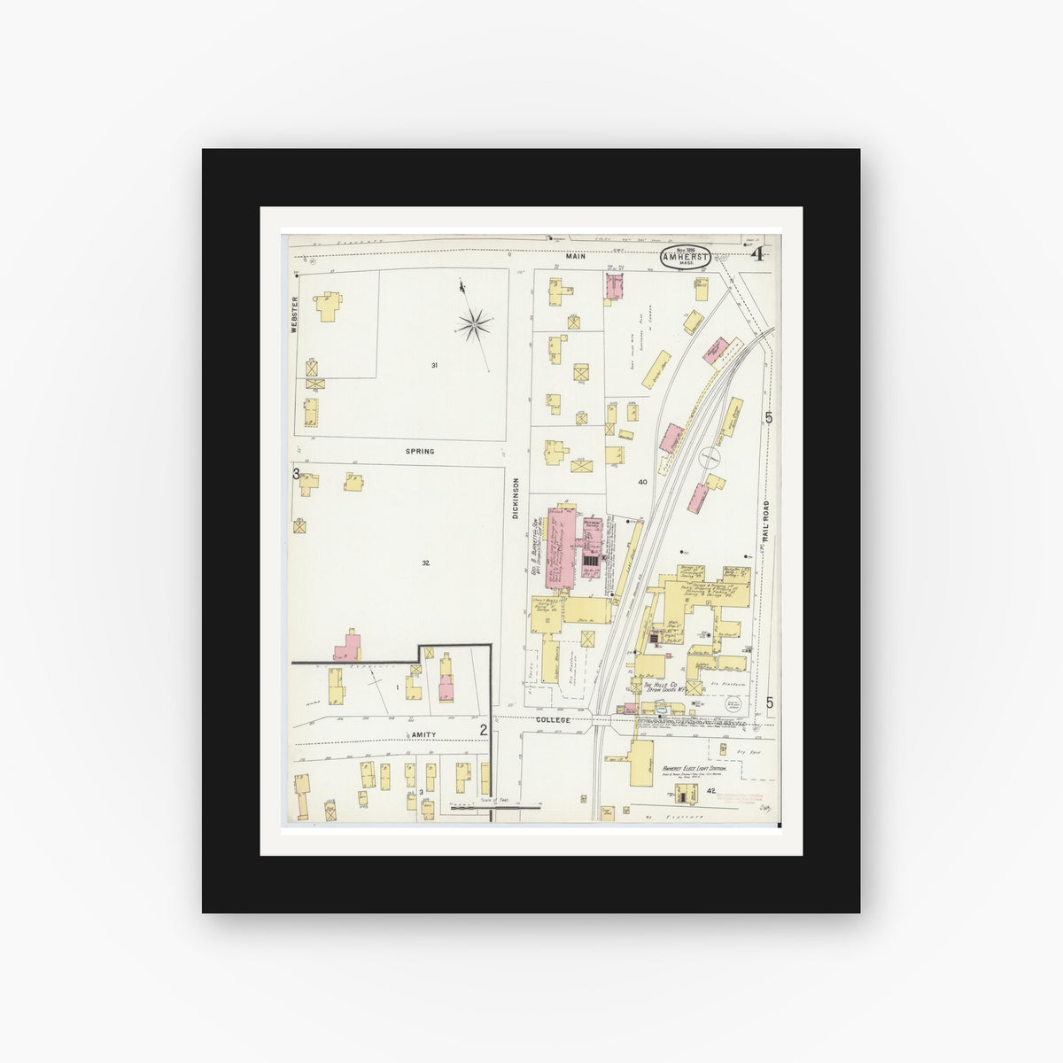 Old map wall art mockup — black gallery frame with white mat — Sanborn Fire Insurance Map from Amherst, Hampshire County, Massachusetts (1896), Sheet #0004