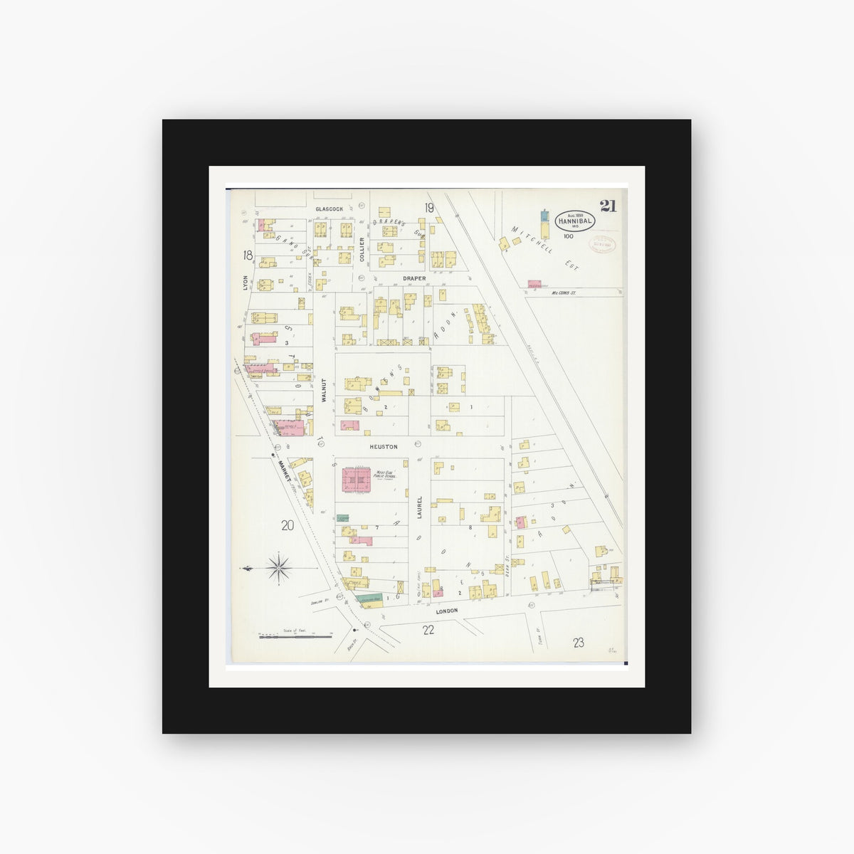 Old map wall art mockup — black gallery frame with white mat — Sanborn Fire Insurance Map from Hannibal, Marion County, Missouri (1899), Sheet #0021