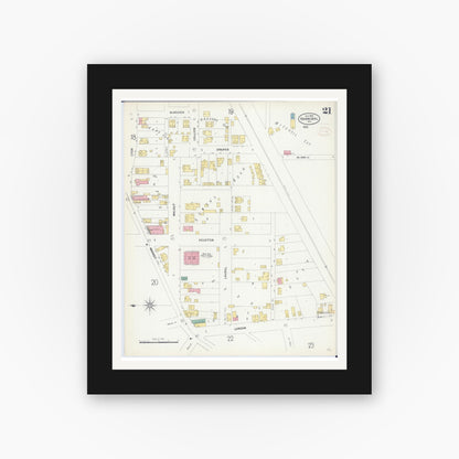 Old map wall art mockup — black gallery frame with white mat — Sanborn Fire Insurance Map from Hannibal, Marion County, Missouri (1899), Sheet #0021