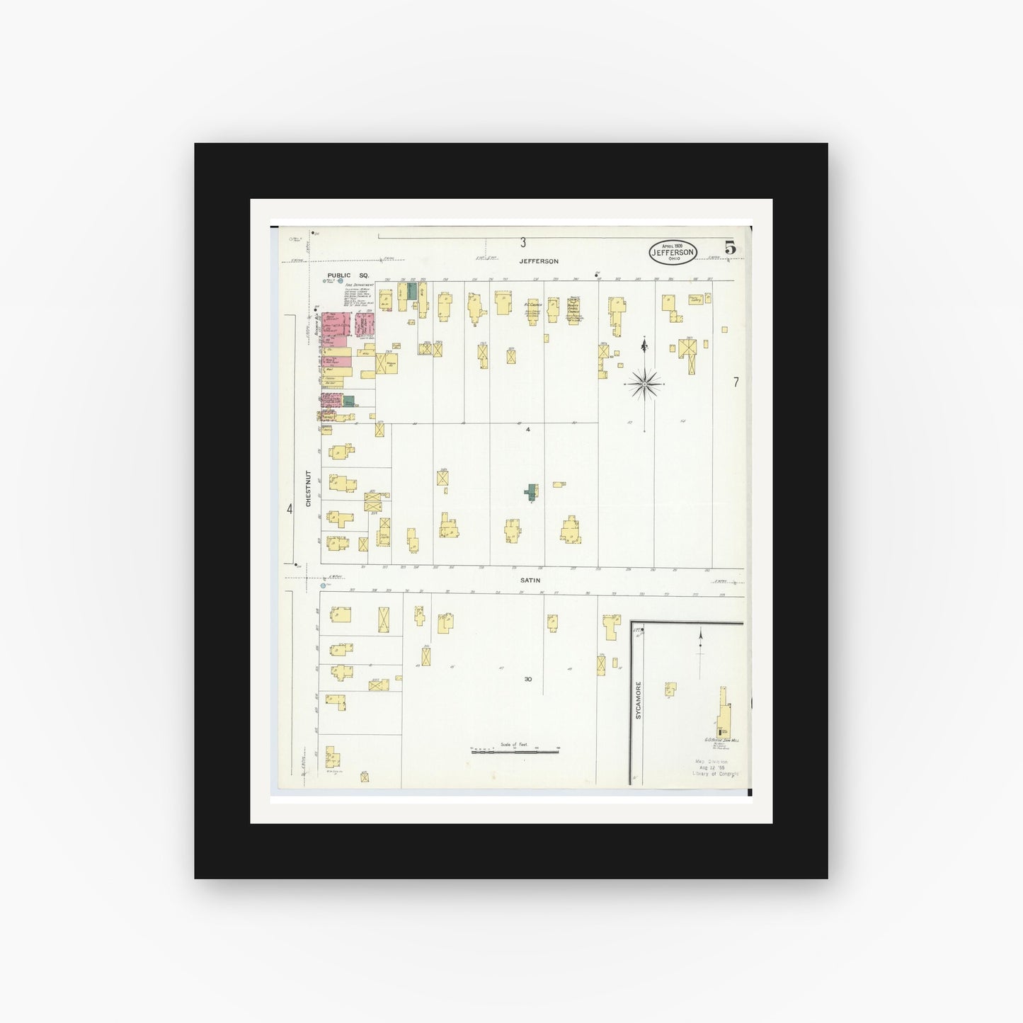 Old map wall art mockup — black gallery frame with white mat — Sanborn Fire Insurance Map from Jefferson, Ashtabula County, Ohio (1909), Sheet #0005