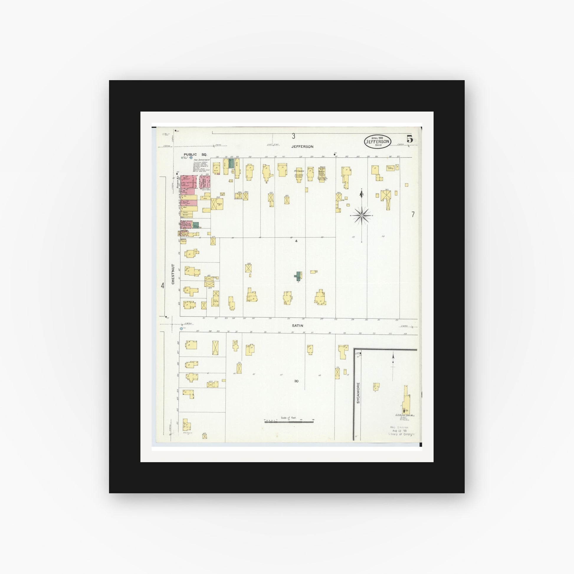 Old map wall art mockup — black gallery frame with white mat — Sanborn Fire Insurance Map from Jefferson, Ashtabula County, Ohio (1909), Sheet #0005