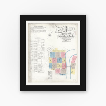 Old map wall art mockup — black gallery frame with white mat — Sanborn Fire Insurance Map from Red Bluff, Tehama County, California (1900) - Complete Map Set