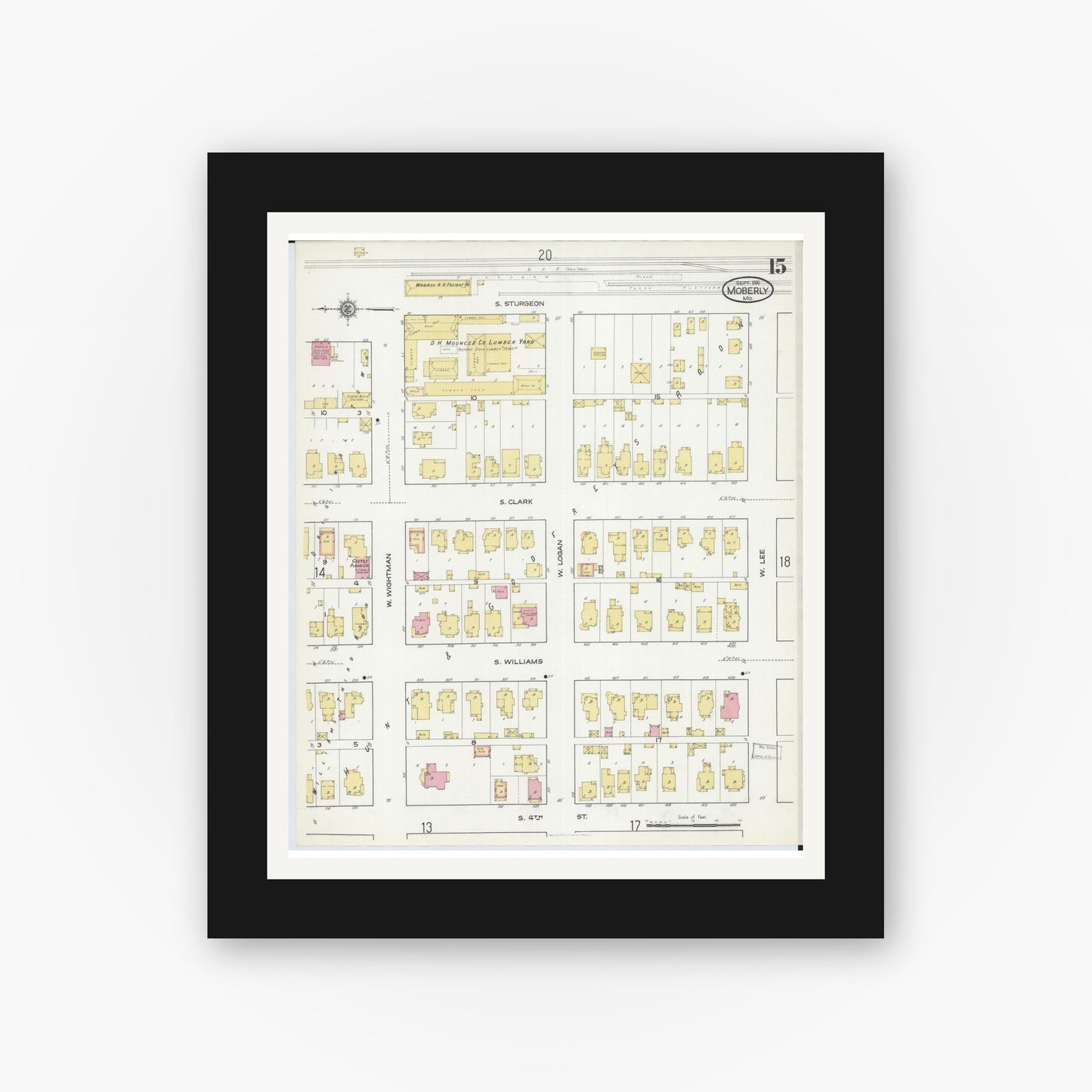 Old map wall art mockup — black gallery frame with white mat — Sanborn Fire Insurance Map from Moberly, Randolph County, Missouri (1916), Sheet #0015