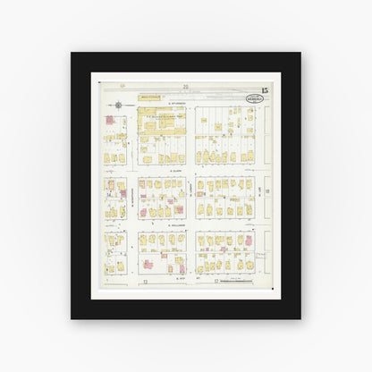 Old map wall art mockup — black gallery frame with white mat — Sanborn Fire Insurance Map from Moberly, Randolph County, Missouri (1916), Sheet #0015