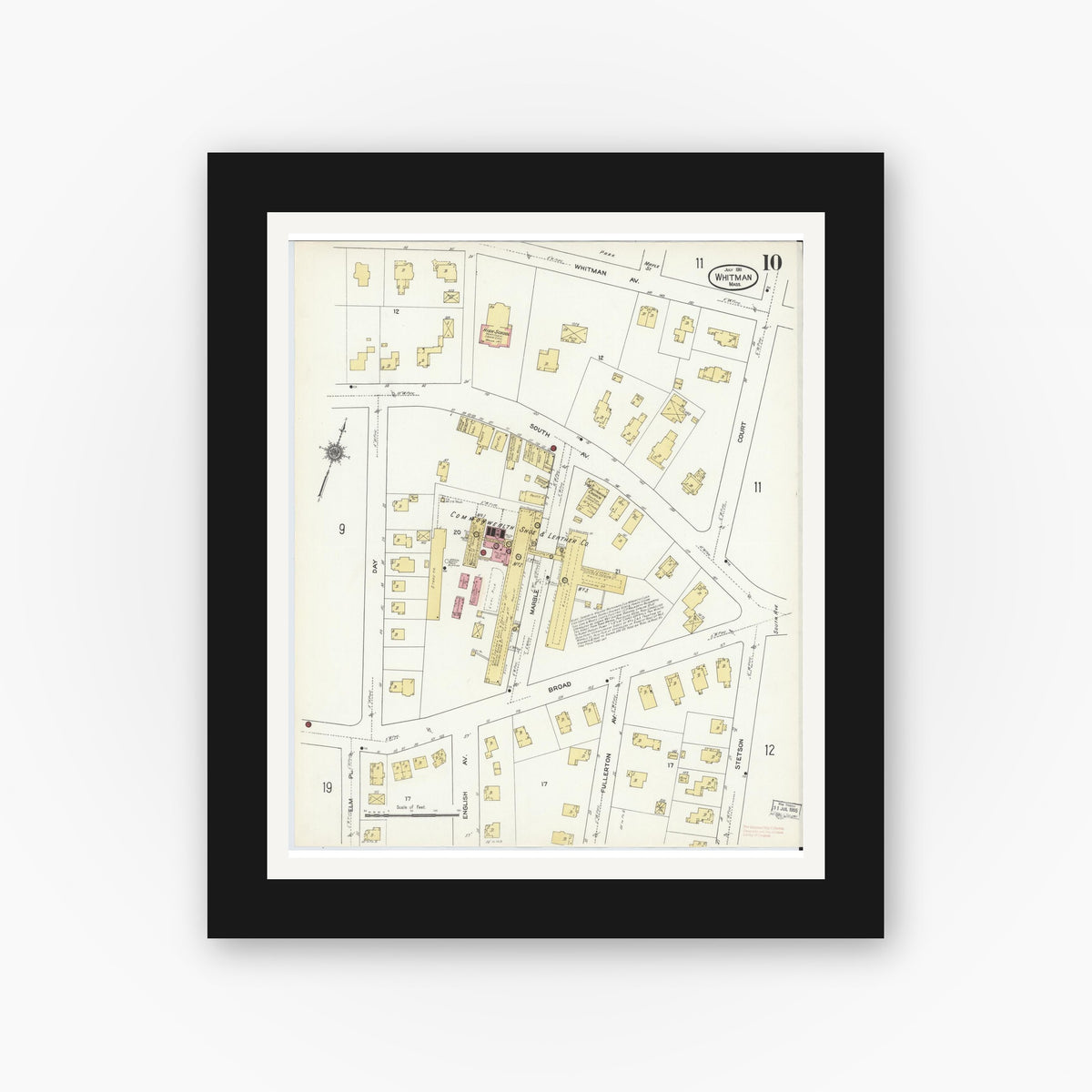 Old map wall art mockup — black gallery frame with white mat — Sanborn Fire Insurance Map from Whitman, Plymouth County, Massachusetts (1911), Sheet #0010