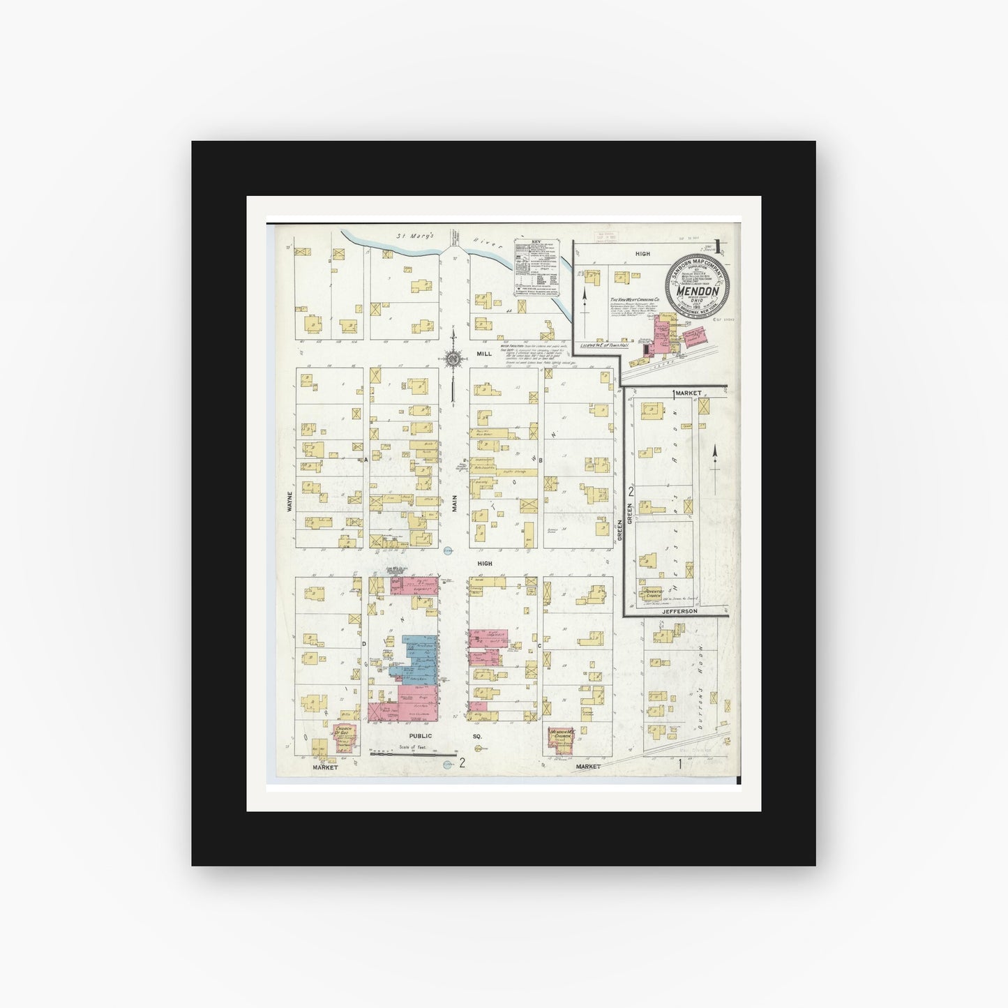 Old map wall art mockup — black gallery frame with white mat — Sanborn Fire Insurance Map from Mendon, Mercer County, Ohio (1911), Sheet #0001