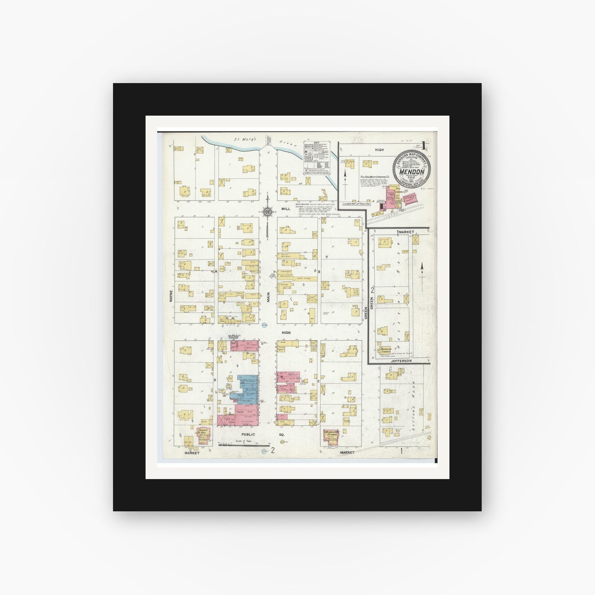 Old map wall art mockup — black gallery frame with white mat — Sanborn Fire Insurance Map from Mendon, Mercer County, Ohio (1911), Sheet #0001