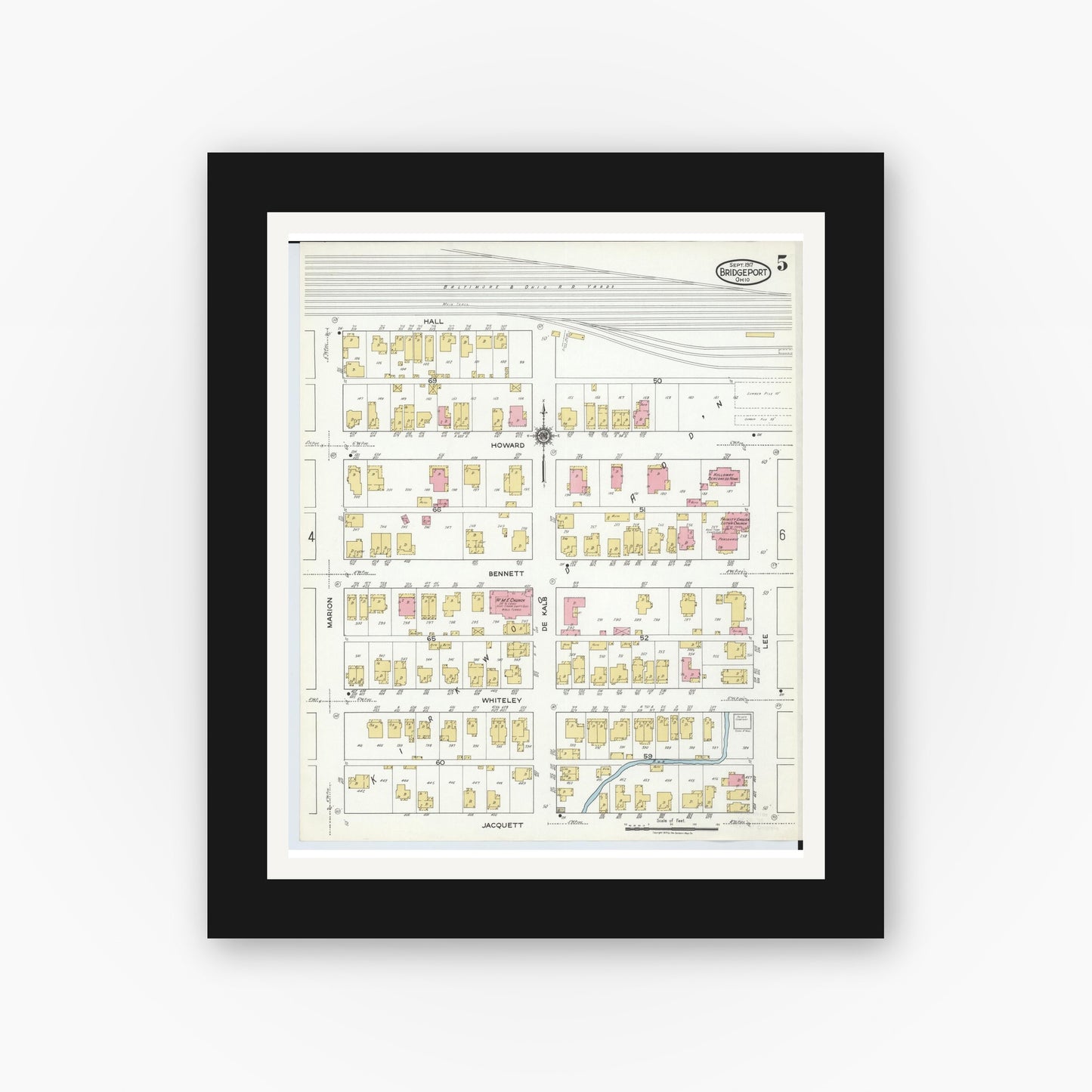 Old map wall art mockup — black gallery frame with white mat — Sanborn Fire Insurance Map from Bridgeport, Belmont County, Ohio (1917), Sheet #0005