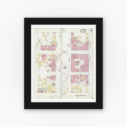 Old map wall art mockup — black gallery frame with white mat — Sanborn Fire Insurance Map from Lincoln, Logan County, Illinois (1896), Sheet #0008
