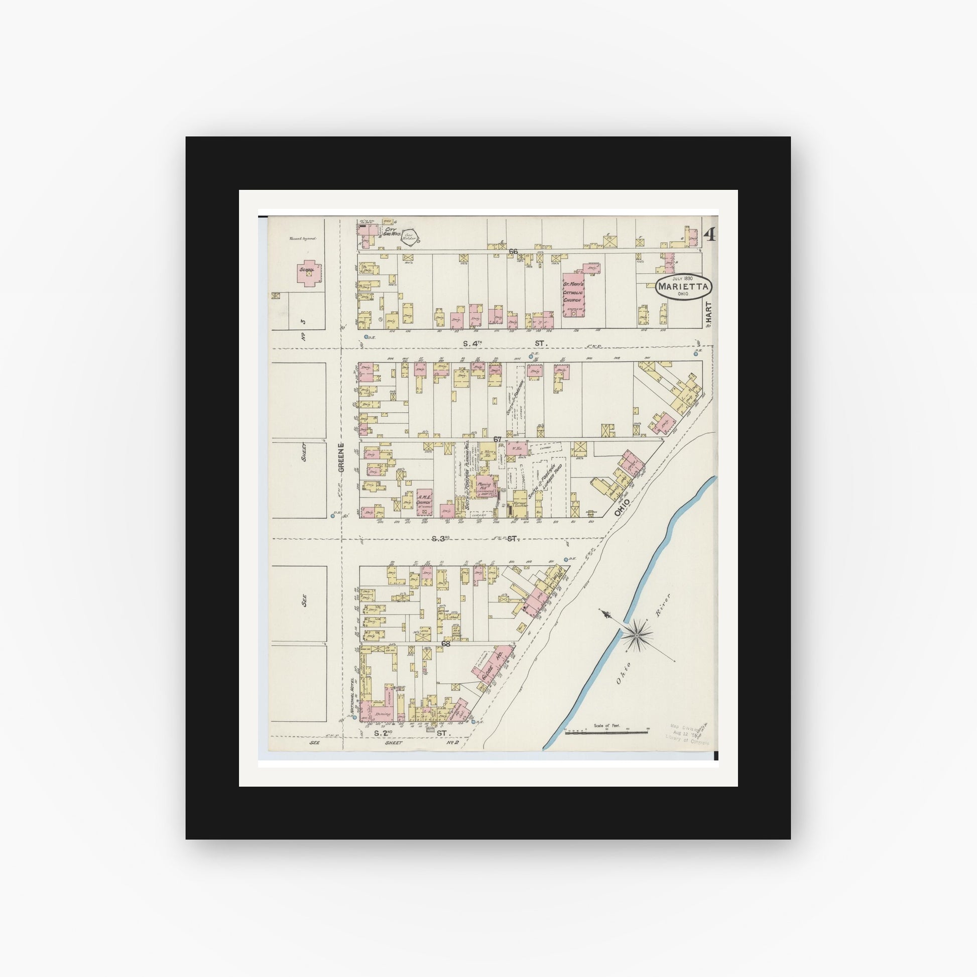 Old map wall art mockup — black gallery frame with white mat — Sanborn Fire Insurance Map from Marietta, Washington County, Ohio (1890), Sheet #0004
