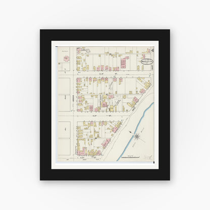 Old map wall art mockup — black gallery frame with white mat — Sanborn Fire Insurance Map from Marietta, Washington County, Ohio (1890), Sheet #0004