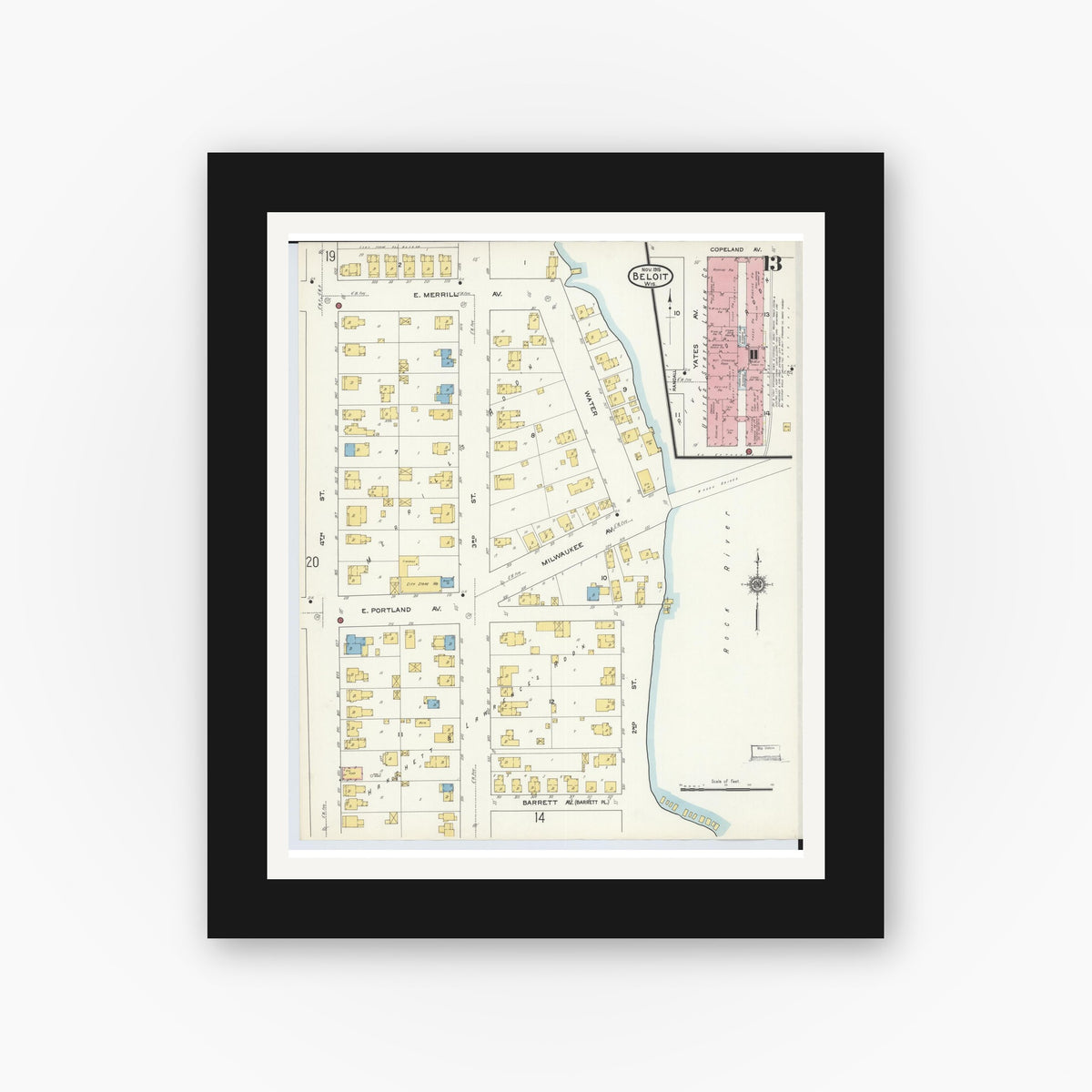 Old map wall art mockup — black gallery frame with white mat — Sanborn Fire Insurance Map from Beloit, Rock County, Wisconsin (1915), Sheet #0013