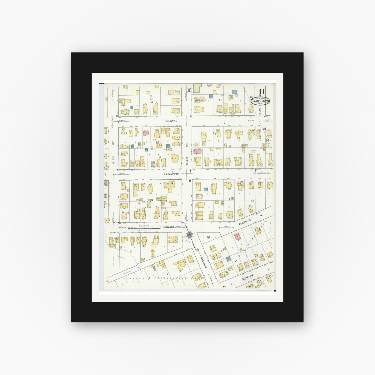 Old map wall art mockup — black gallery frame with white mat — Sanborn Fire Insurance Map from Grand Haven, Ottawa County, Michigan (1920), Sheet #0011