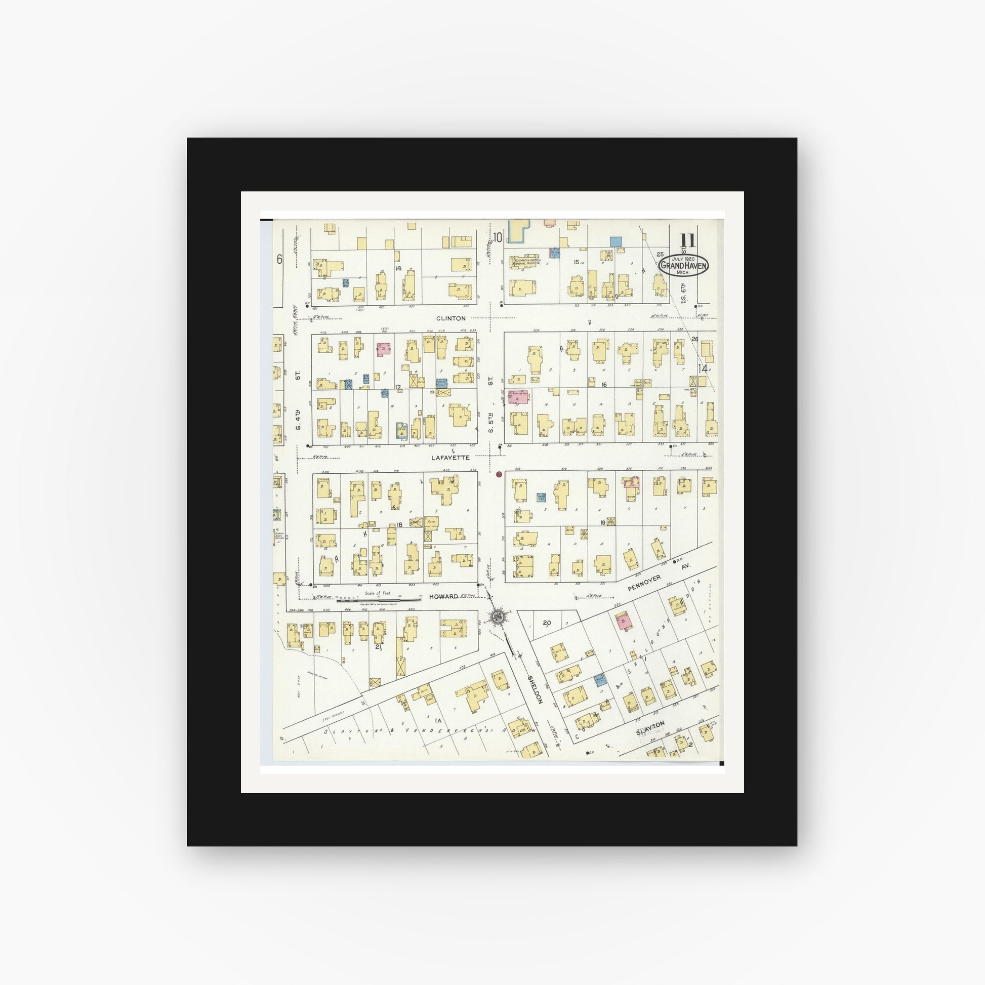 Old map wall art mockup — black gallery frame with white mat — Sanborn Fire Insurance Map from Grand Haven, Ottawa County, Michigan (1920), Sheet #0011