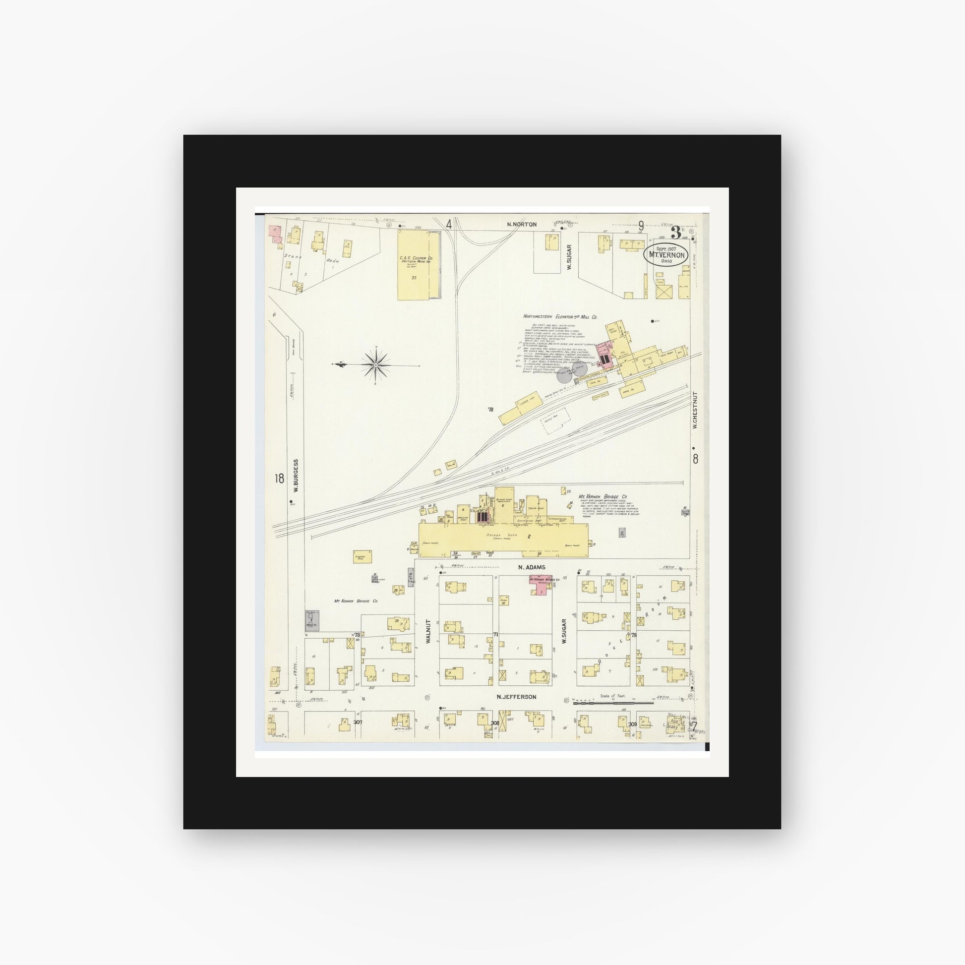 Old map wall art mockup — black gallery frame with white mat — Sanborn Fire Insurance Map from Mount Vernon, Knox County, Ohio (1907), Sheet #0003