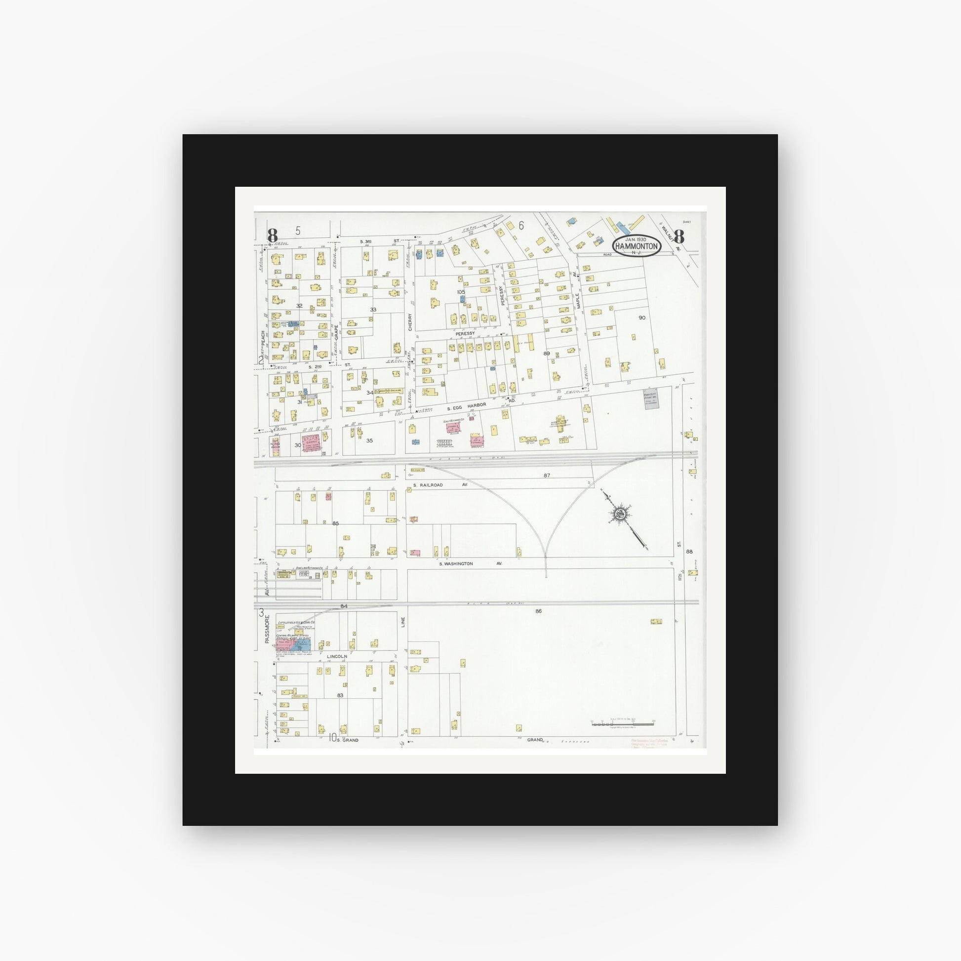 Old map wall art mockup — black gallery frame with white mat — Sanborn Fire Insurance Map from Hammonton, Atlantic County, New Jersey (1930), Sheet #0008