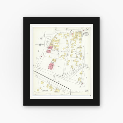 Old map wall art mockup — black gallery frame with white mat — Sanborn Fire Insurance Map from Marlborough, Middlesex County, Massachusetts (1912), Sheet #0014
