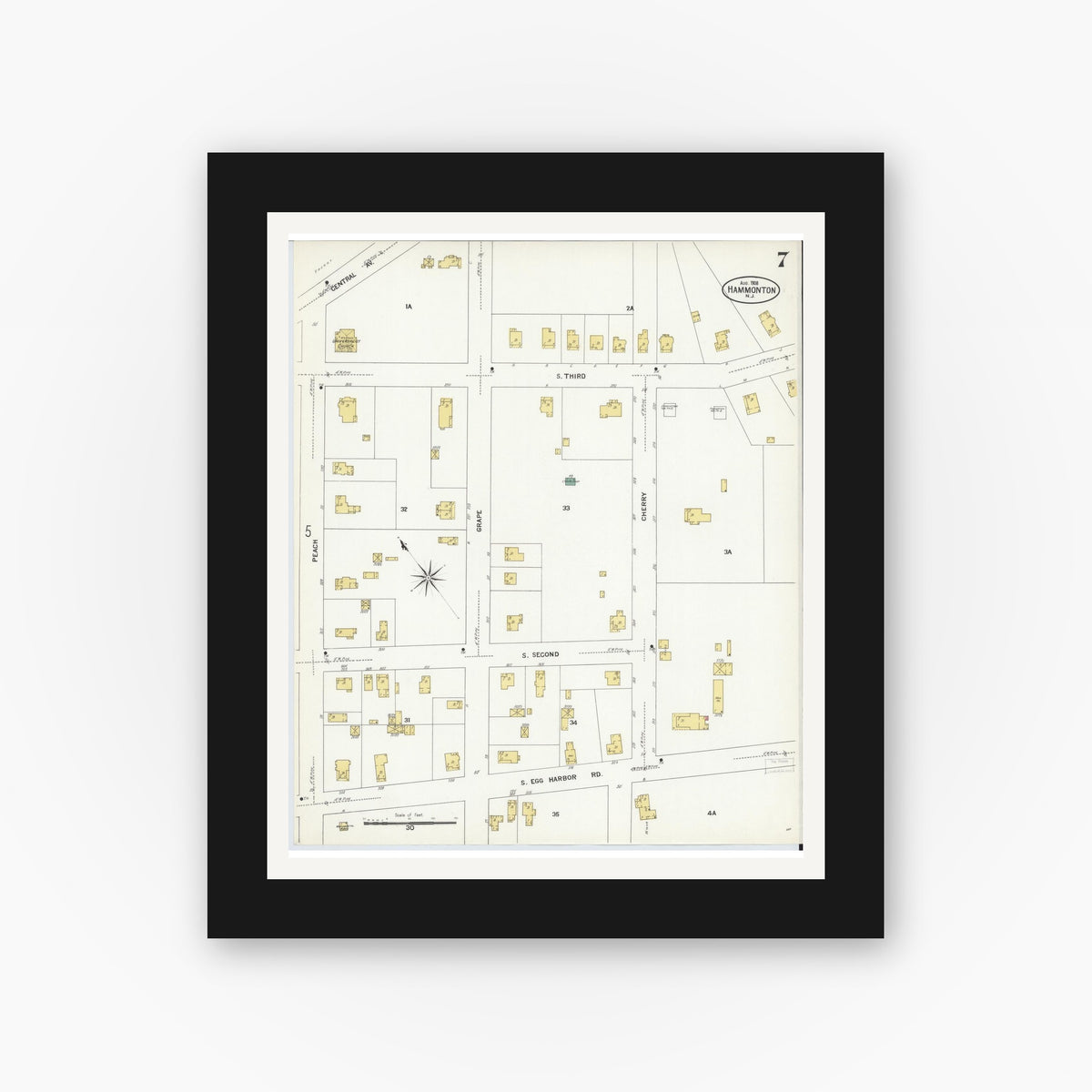 Old map wall art mockup — black gallery frame with white mat — Sanborn Fire Insurance Map from Hammonton, Atlantic County, New Jersey (1908), Sheet #0007