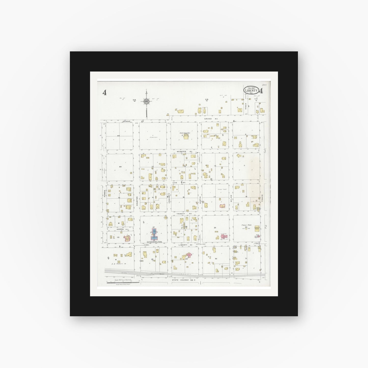 Old map wall art mockup — black gallery frame with white mat — Sanborn Fire Insurance Map from Liberty, Liberty County, Texas (1927), Sheet #0004