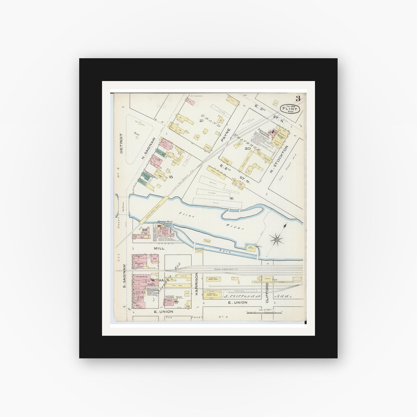 Old map wall art mockup — black gallery frame with white mat — Sanborn Fire Insurance Map from Flint, Genesee County, Michigan (1886), Sheet #0003