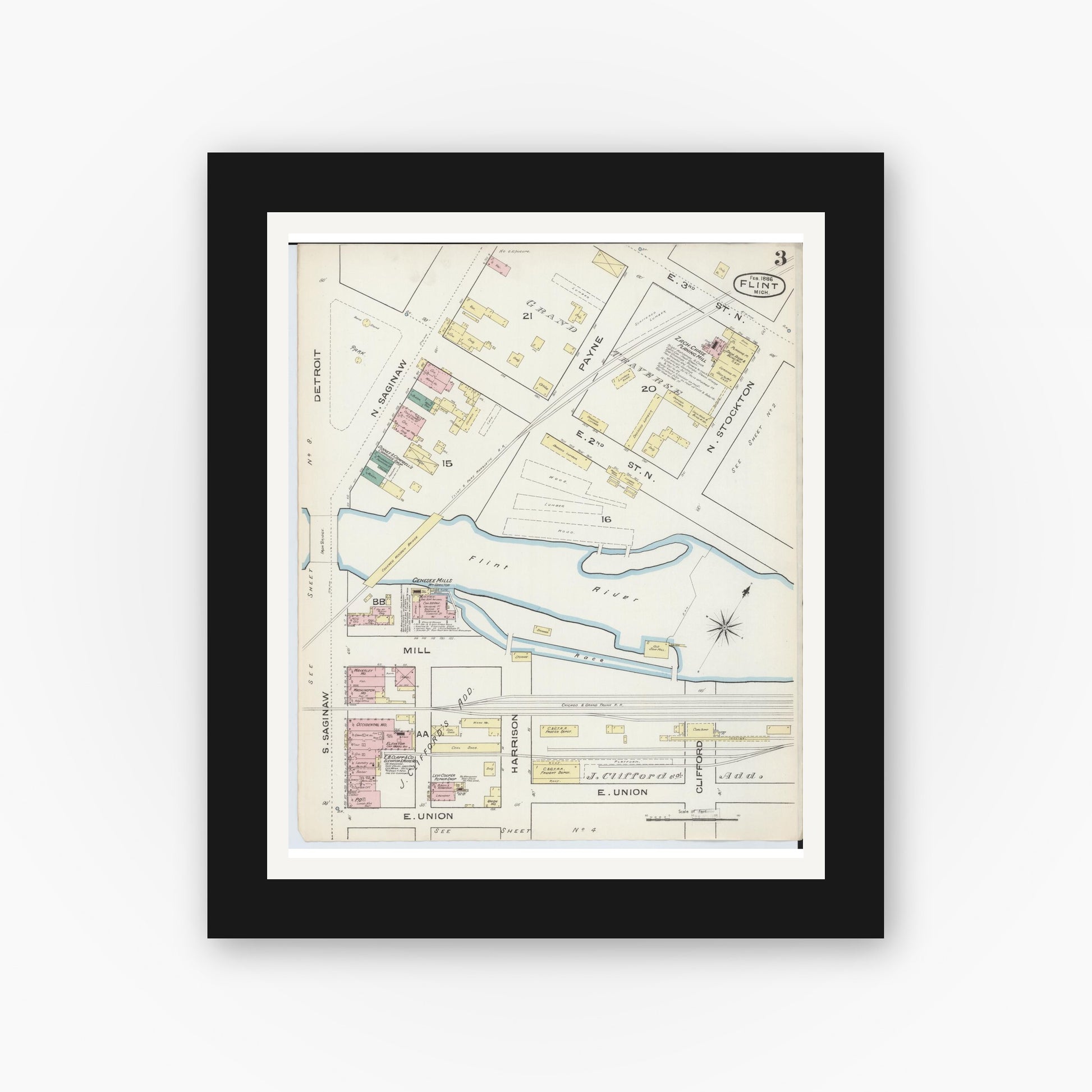 Old map wall art mockup — black gallery frame with white mat — Sanborn Fire Insurance Map from Flint, Genesee County, Michigan (1886), Sheet #0003