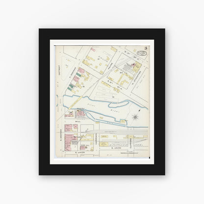 Old map wall art mockup — black gallery frame with white mat — Sanborn Fire Insurance Map from Flint, Genesee County, Michigan (1886), Sheet #0003
