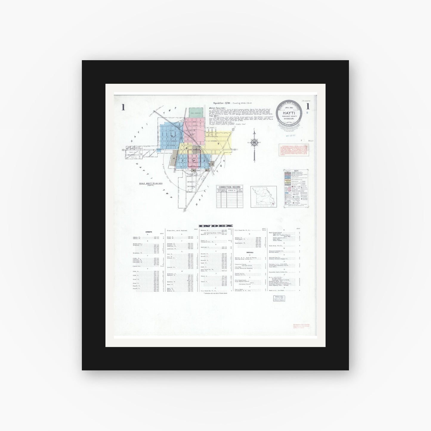 Old map wall art mockup — black gallery frame with white mat — Sanborn Fire Insurance Map from Hayti, Pemiscot County, Missouri (1951) - Complete Map Set