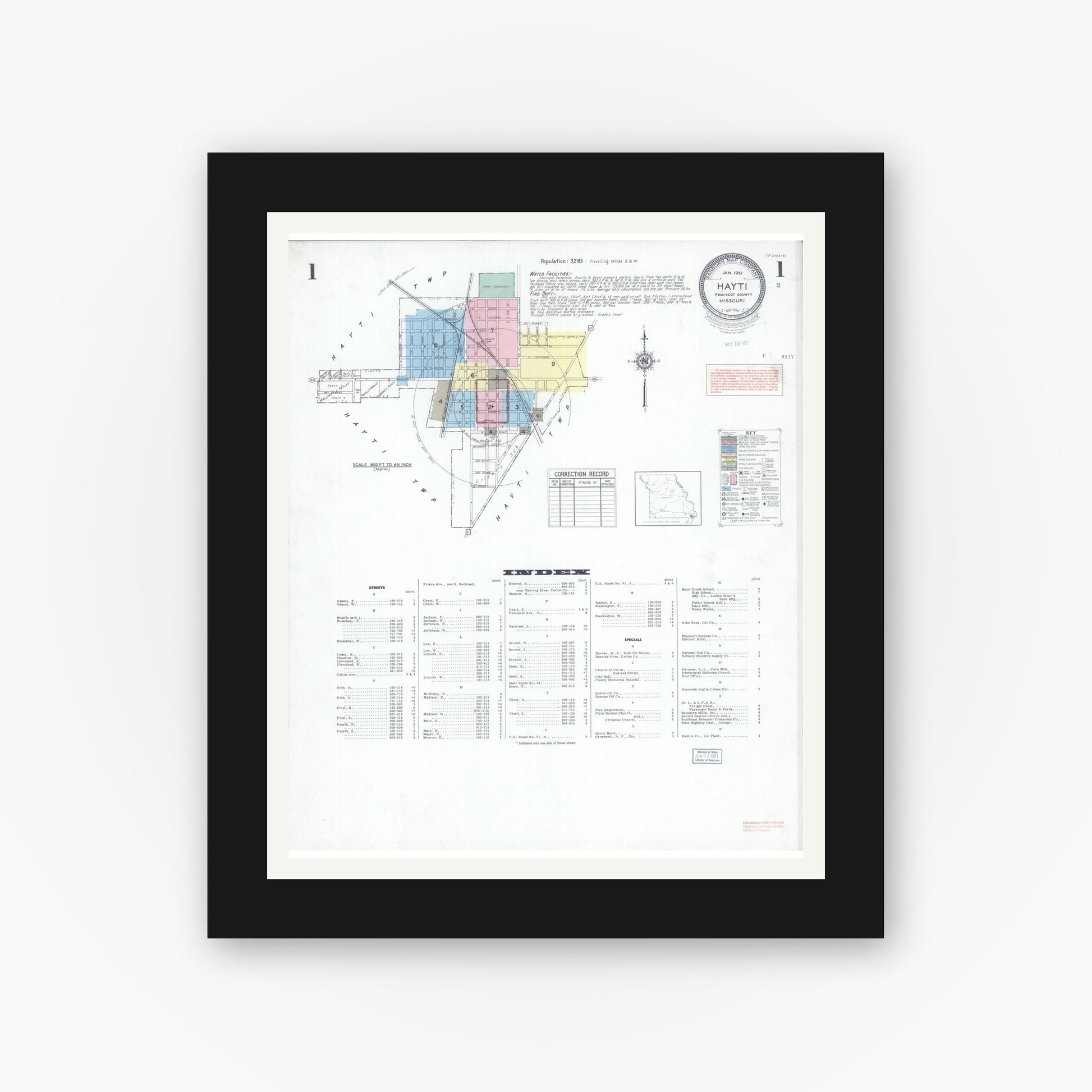 Old map wall art mockup — black gallery frame with white mat — Sanborn Fire Insurance Map from Hayti, Pemiscot County, Missouri (1951) - Complete Map Set
