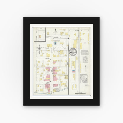 Old map wall art mockup — black gallery frame with white mat — Sanborn Fire Insurance Map from Monticello, Green County, Wisconsin (1912), Sheet #0001