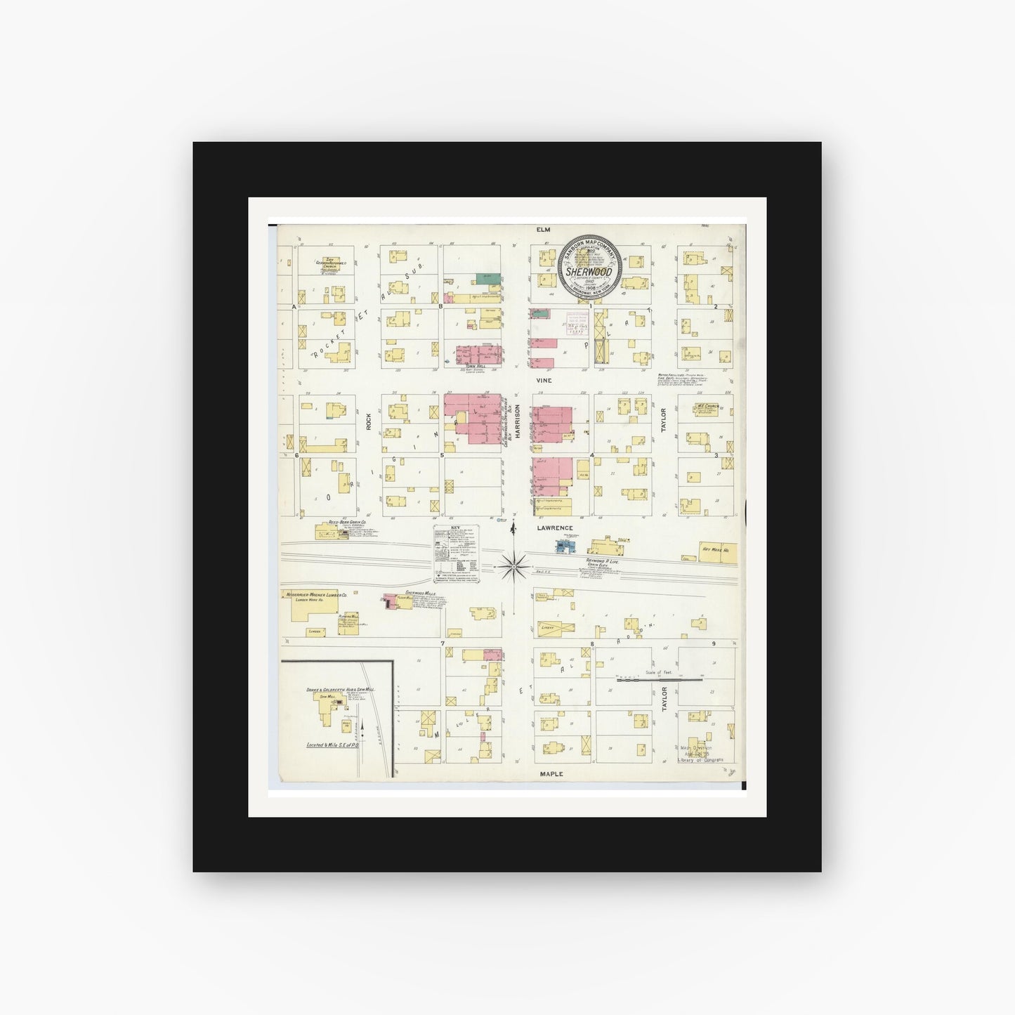 Old map wall art mockup — black gallery frame with white mat — Sanborn Fire Insurance Map from Sherwood, Defiance County, Ohio (1908), Sheet #0001