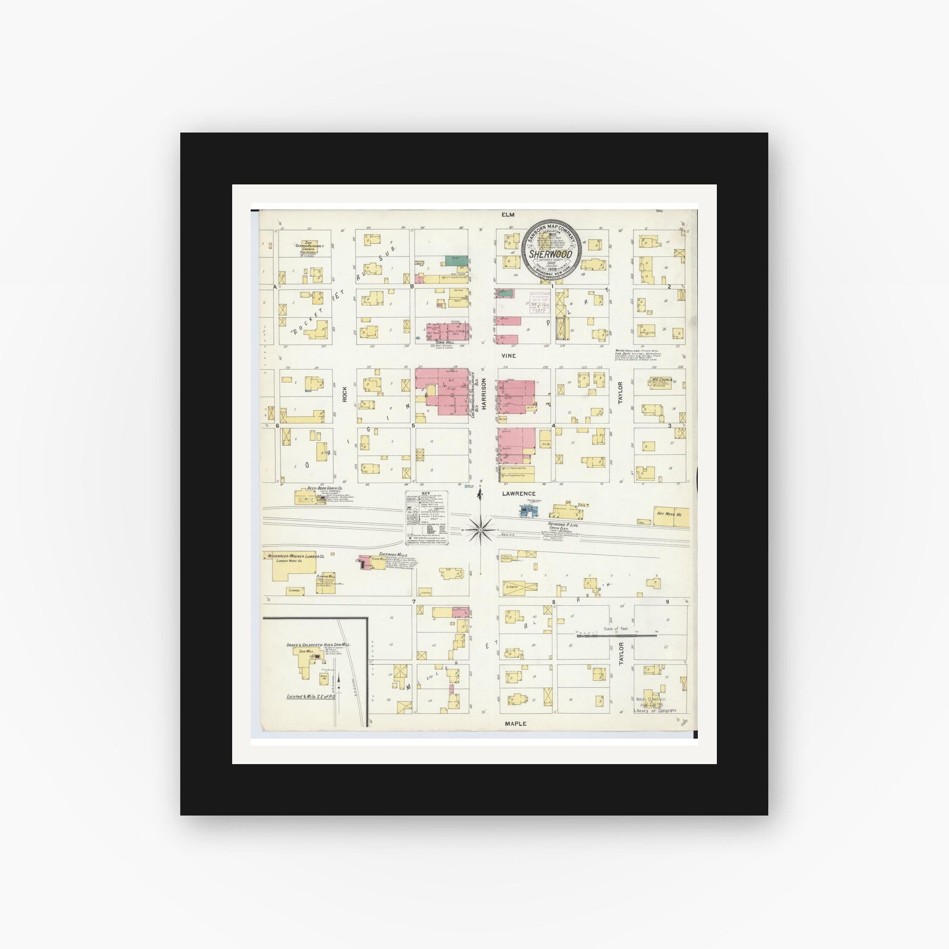 Old map wall art mockup — black gallery frame with white mat — Sanborn Fire Insurance Map from Sherwood, Defiance County, Ohio (1908), Sheet #0001