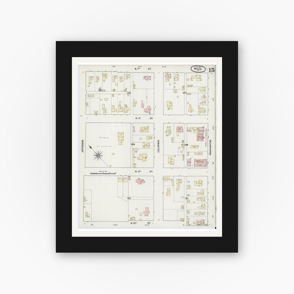 Old map wall art mockup — black gallery frame with white mat — Sanborn Fire Insurance Map from Waco, McLennan County, Texas (1889), Sheet #0015