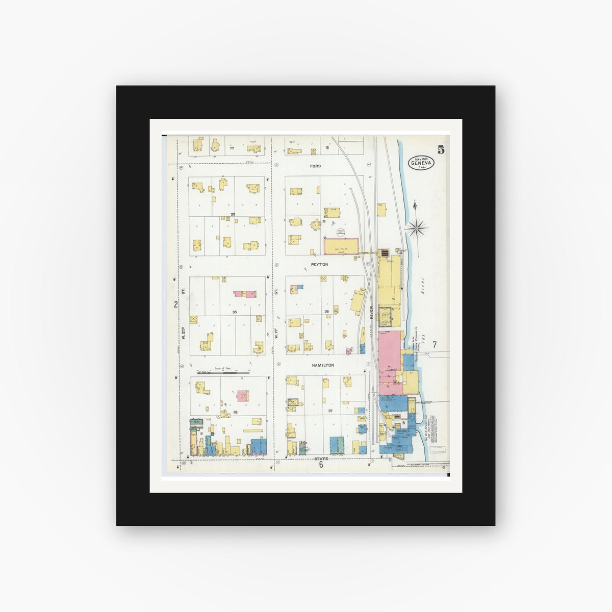 Old map wall art mockup — black gallery frame with white mat — Sanborn Fire Insurance Map from Geneva, Kane County, Illinois (1905), Sheet #0005