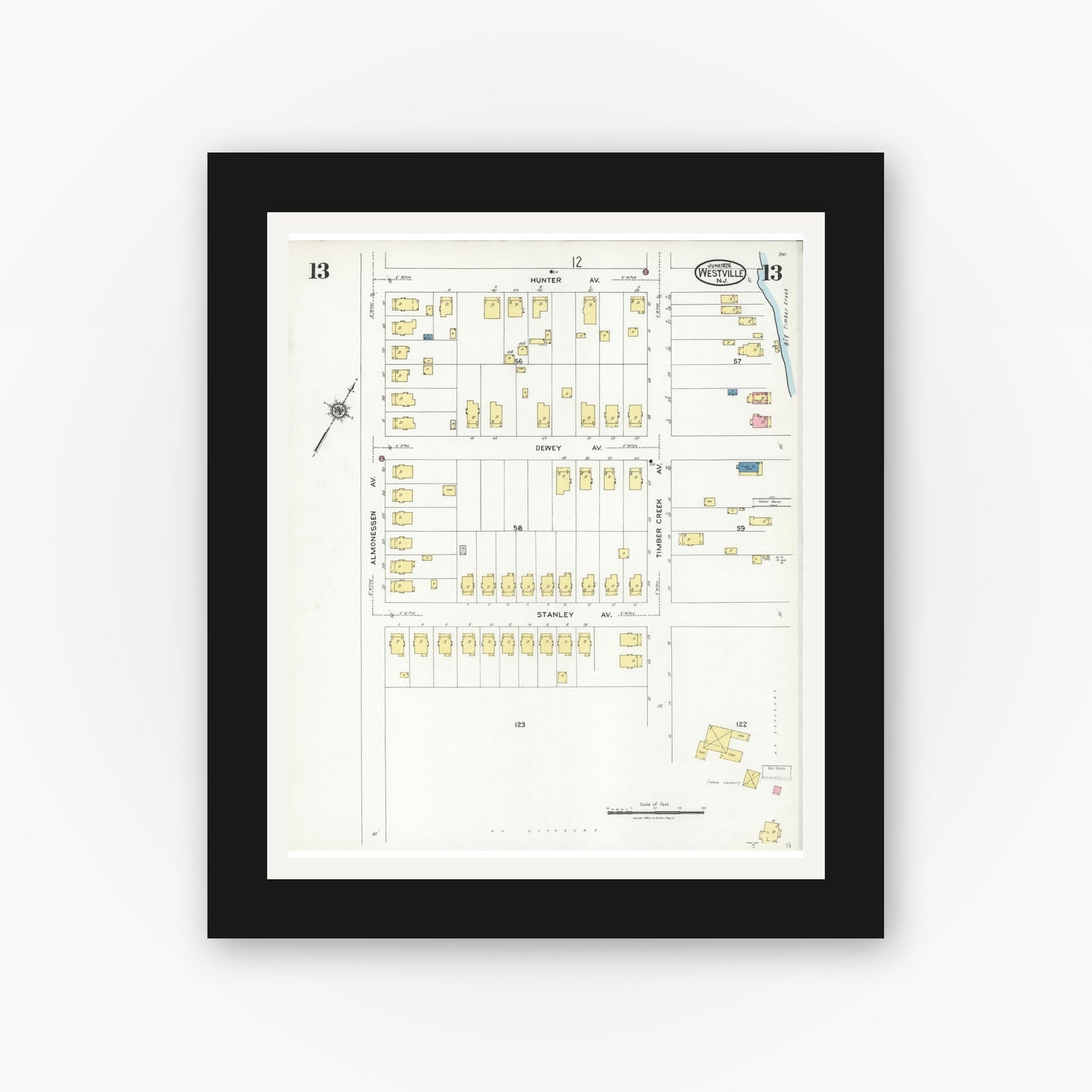 Old map wall art mockup — black gallery frame with white mat — Sanborn Fire Insurance Map from Westville, Gloucester County, New Jersey (1926), Sheet #0013