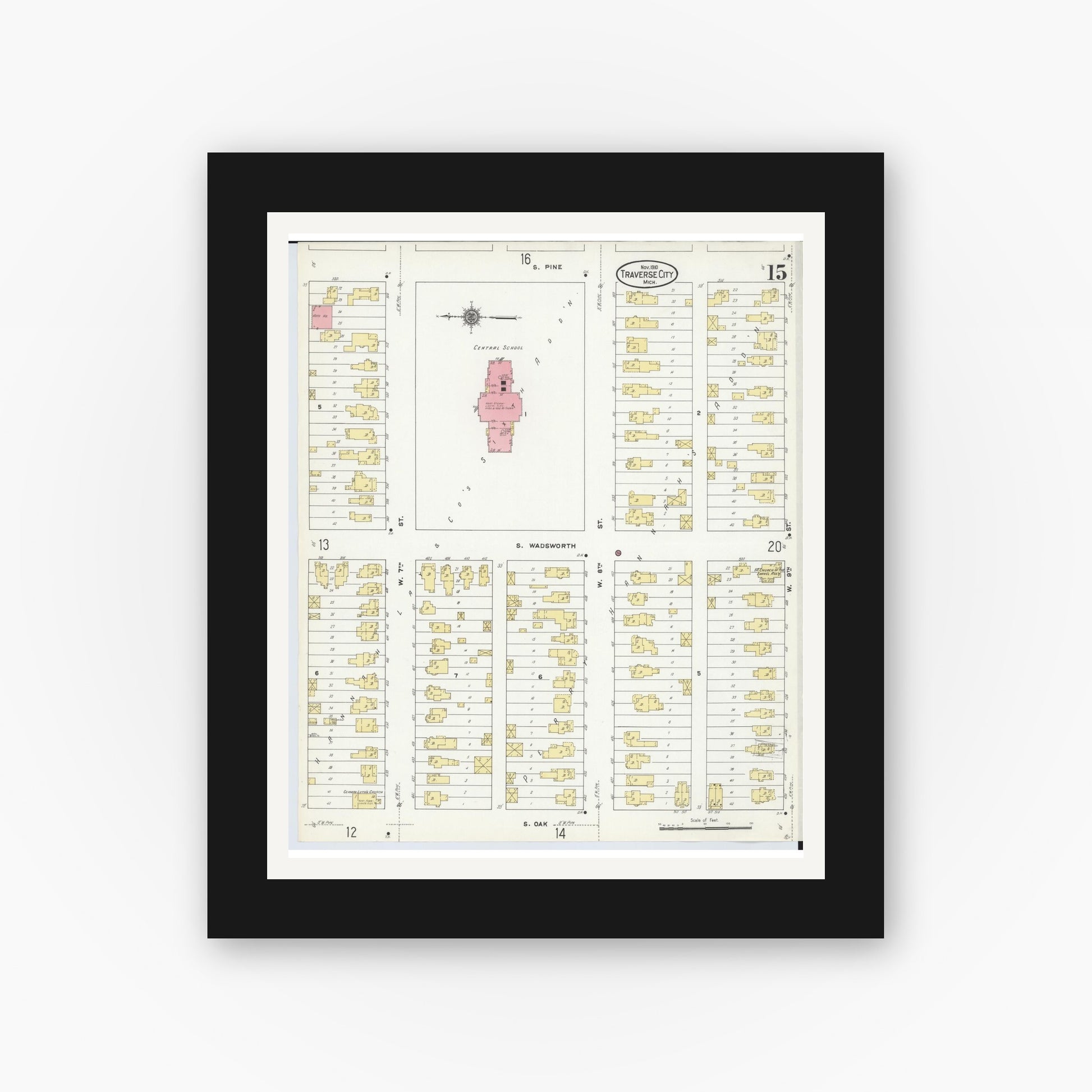Old map wall art mockup — black gallery frame with white mat — Sanborn Fire Insurance Map from Traverse City, Grand Traverse County, Michigan (1910), Sheet #0015