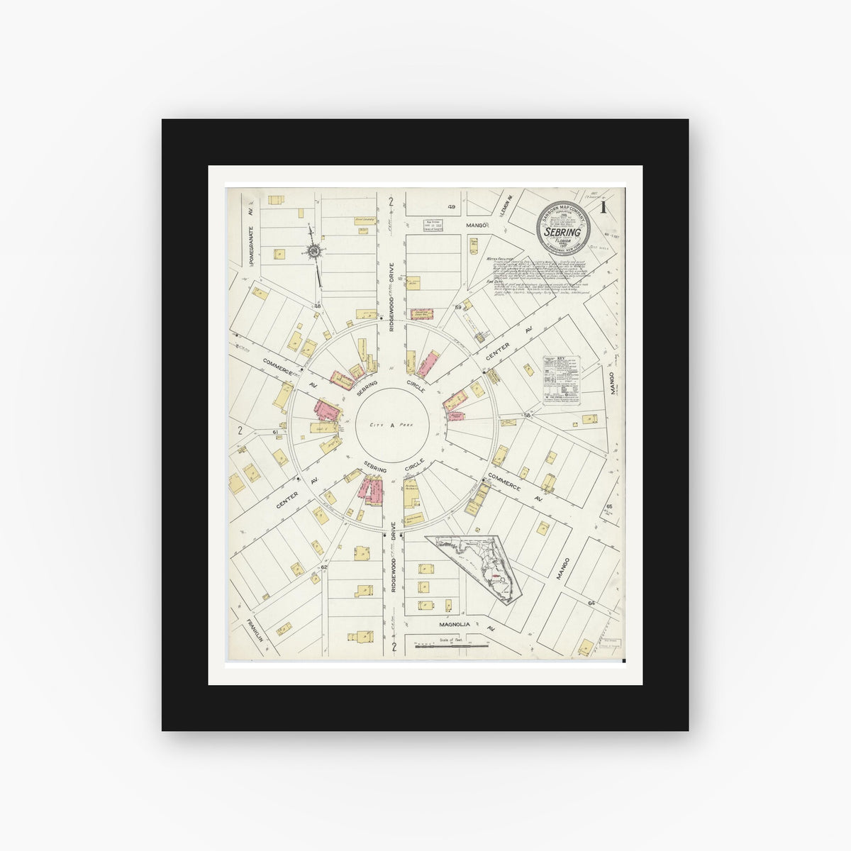 Old map wall art mockup — black gallery frame with white mat — Sanborn Fire Insurance Map from Sebring, Highlands County, Florida (1917), Sheet #0001