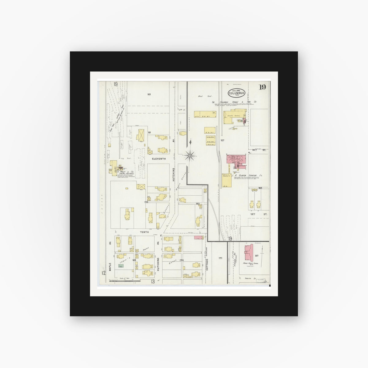 Old map wall art mockup — black gallery frame with white mat — Sanborn Fire Insurance Map from Columbus, Bartholomew County, Indiana (1898), Sheet #0019