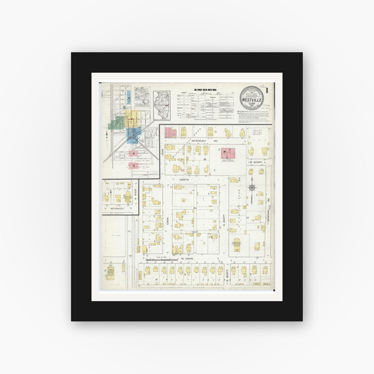 Old map wall art mockup — black gallery frame with white mat — Sanborn Fire Insurance Map from Westville, Vermilion County, Illinois (1915) - Complete Map Set