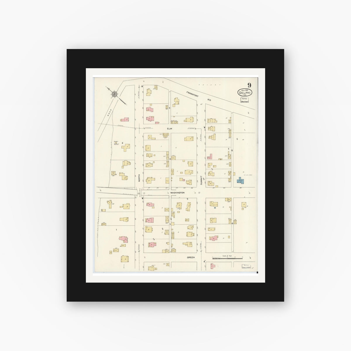 Old map wall art mockup — black gallery frame with white mat — Sanborn Fire Insurance Map from Delphi, Carroll County, Indiana (1912), Sheet #0009