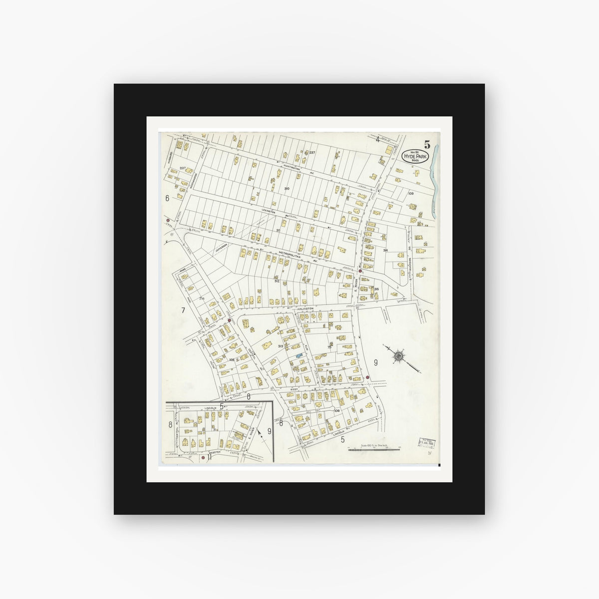 Old map wall art mockup — black gallery frame with white mat — Sanborn Fire Insurance Map from Hyde Park, Norfolk County, Massachusetts (1911), Sheet #0005